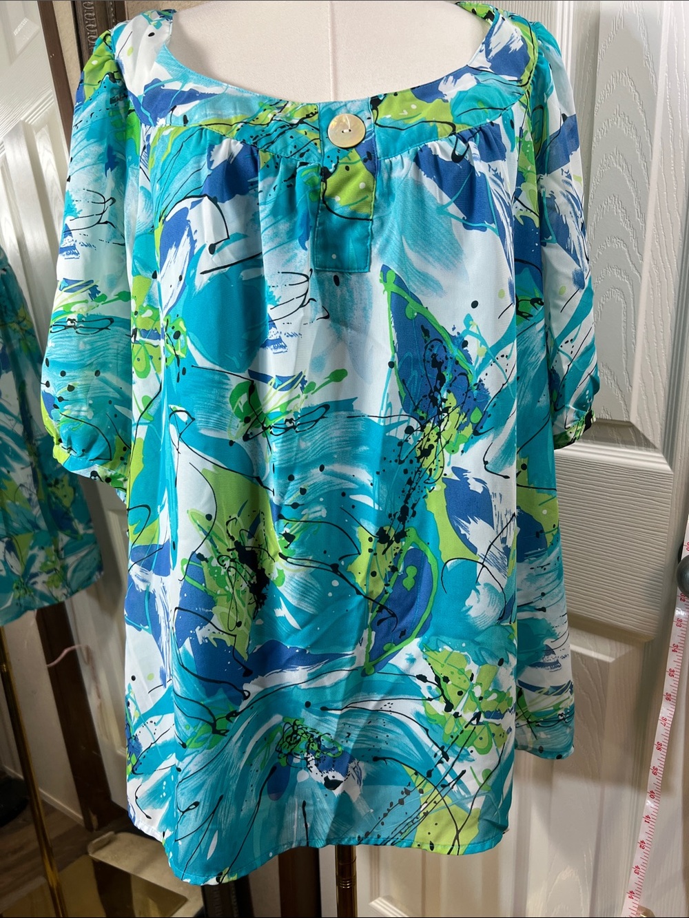 Sara Michelle Turquoise & Lime Abstract Blouse